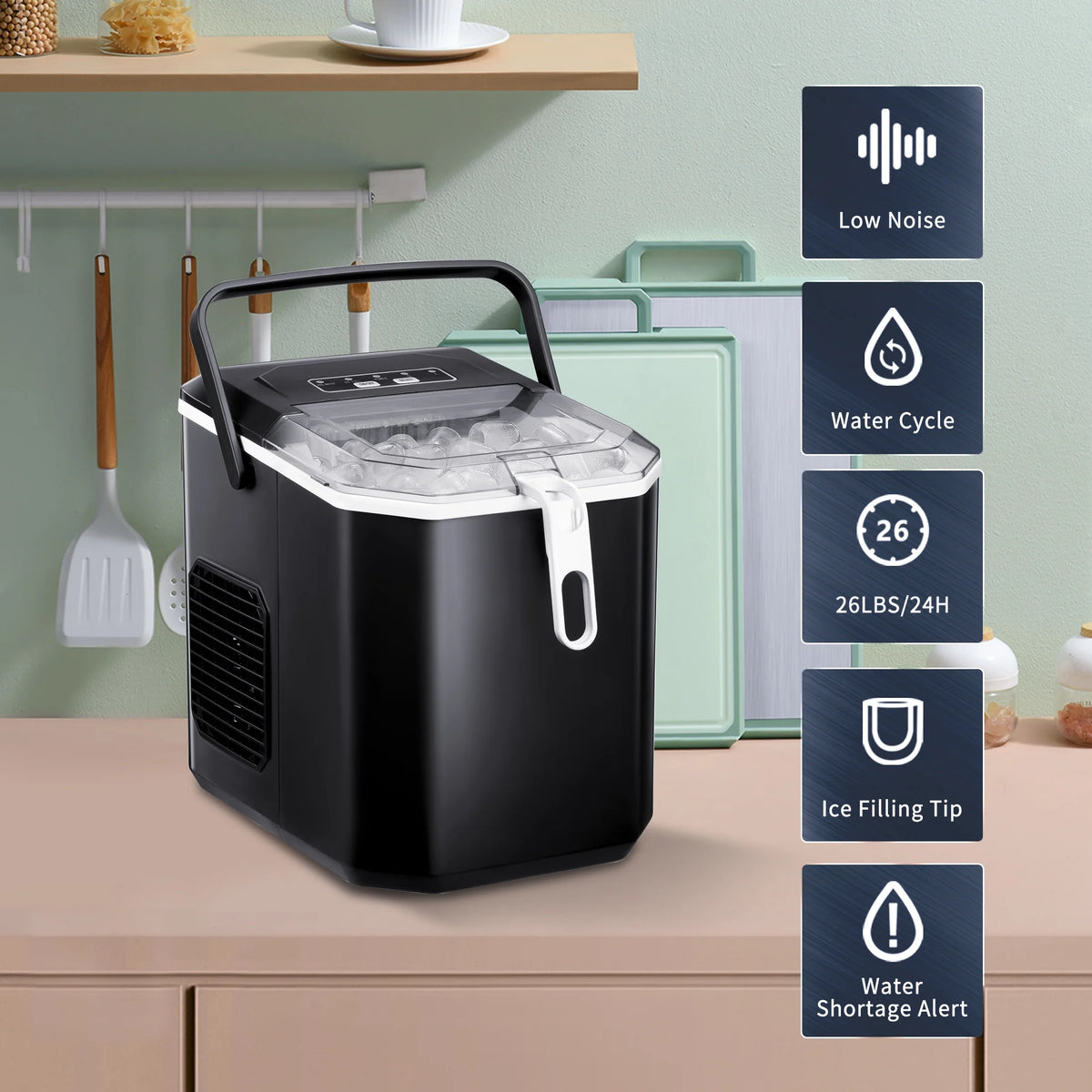 Portable Countertop Ice Maker with Handle, 26Lbs/24H, Black P29892