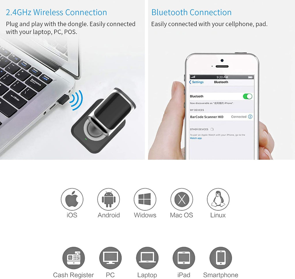 Bluetooth Wireless USB Wired Barcode Scanner with Stand Base K620