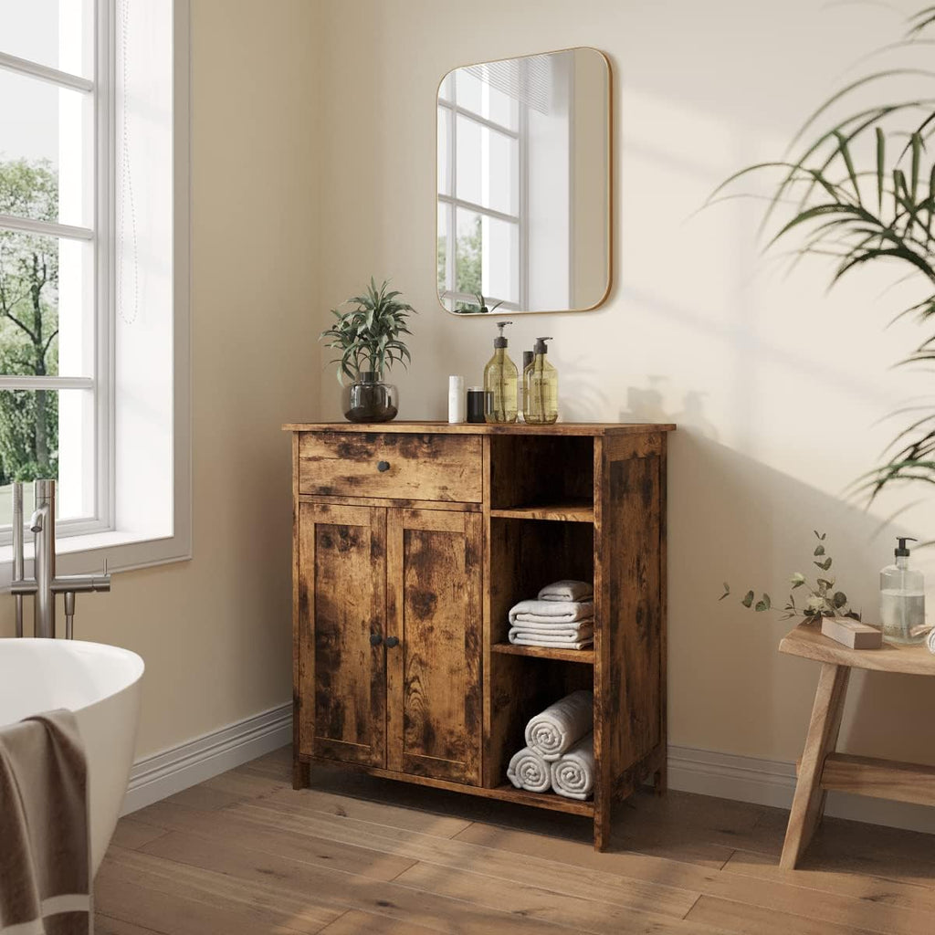 Rustic Brown Free-Standing Bathroom Cabinet with Drawer and Adjustable Shelf T82741