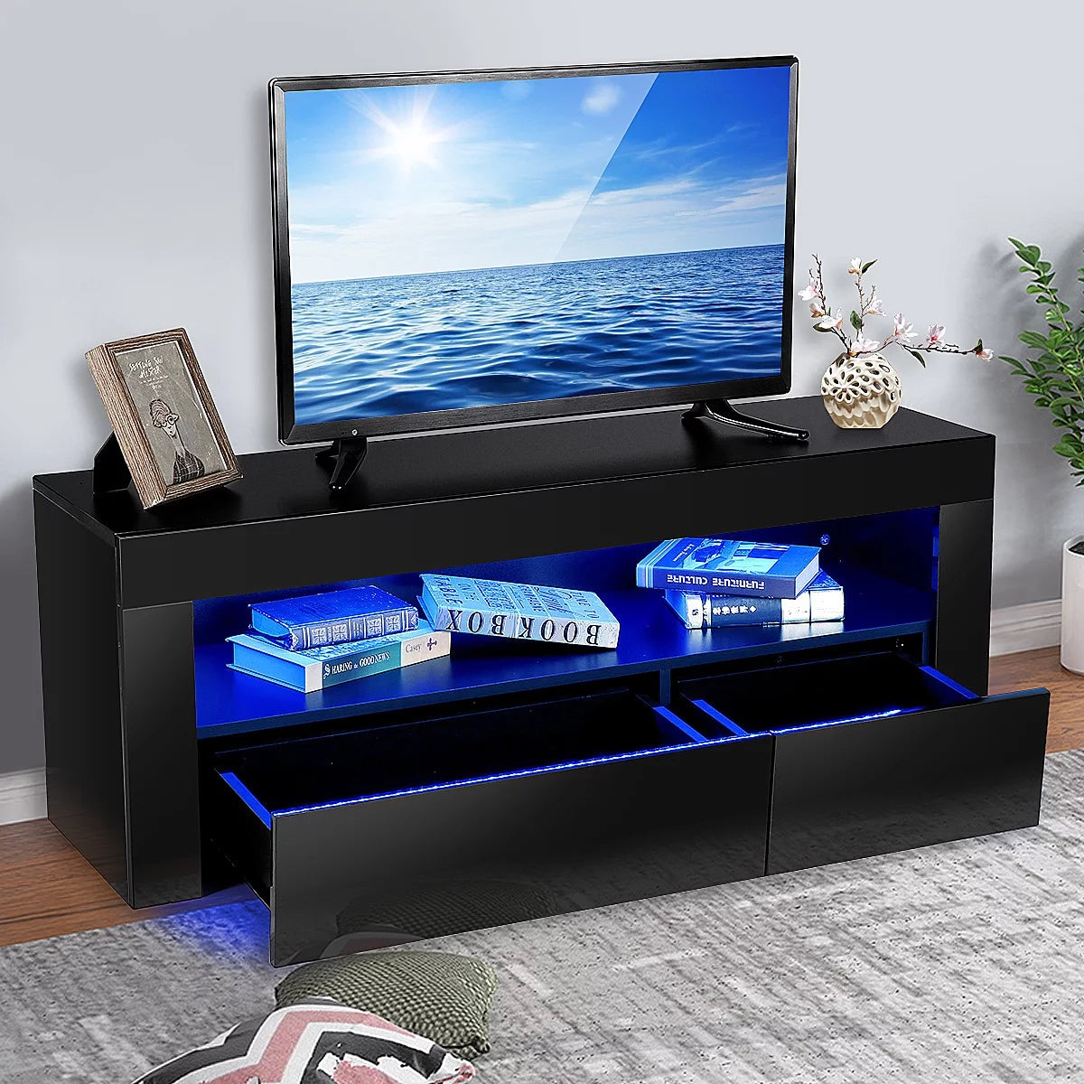 High Gloss TV Stand with LEDs for TVs up to 55 inch 2 Drawers Black E45747