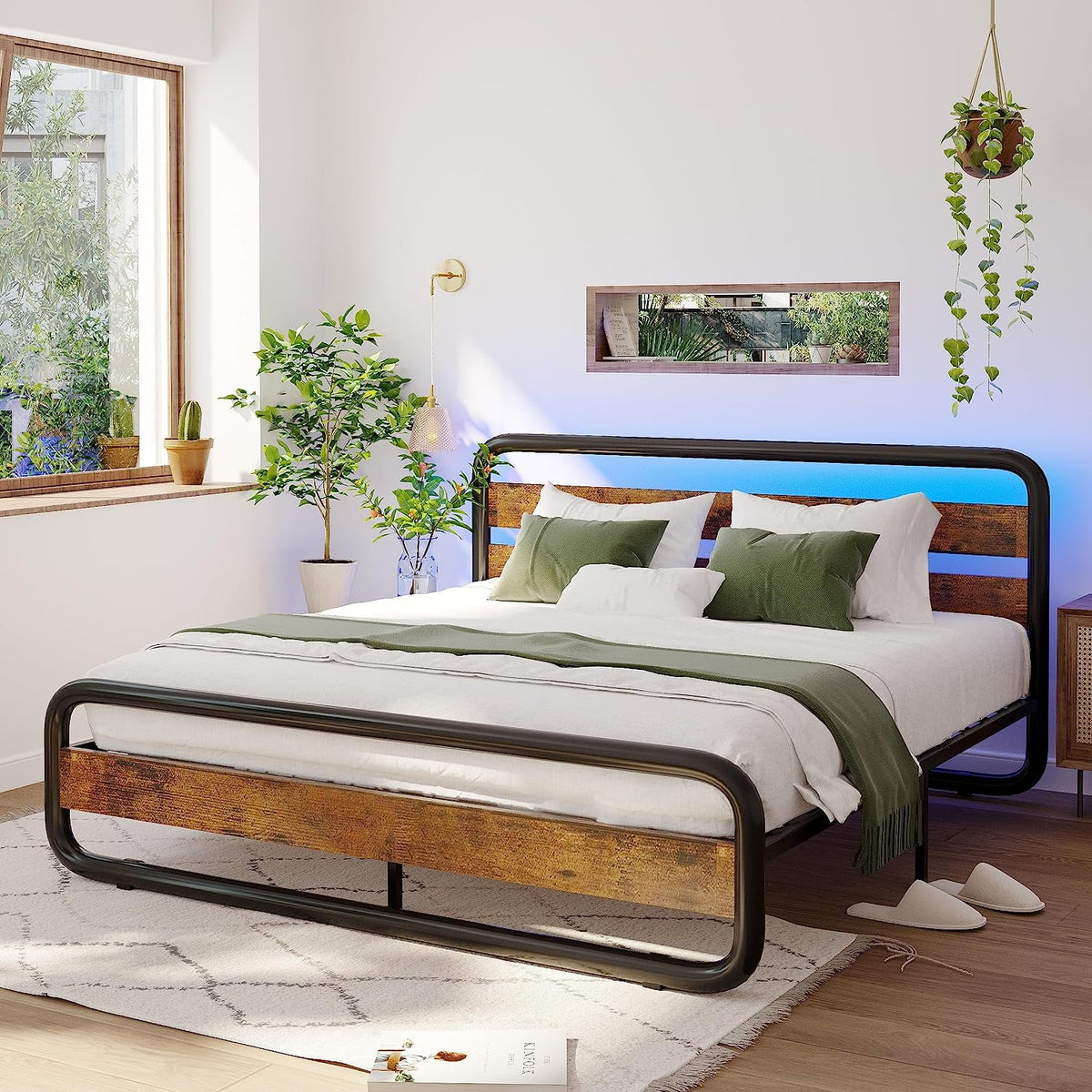 Queen Size Wood and Metal Bed Frame with LED Lights and Storage F85658