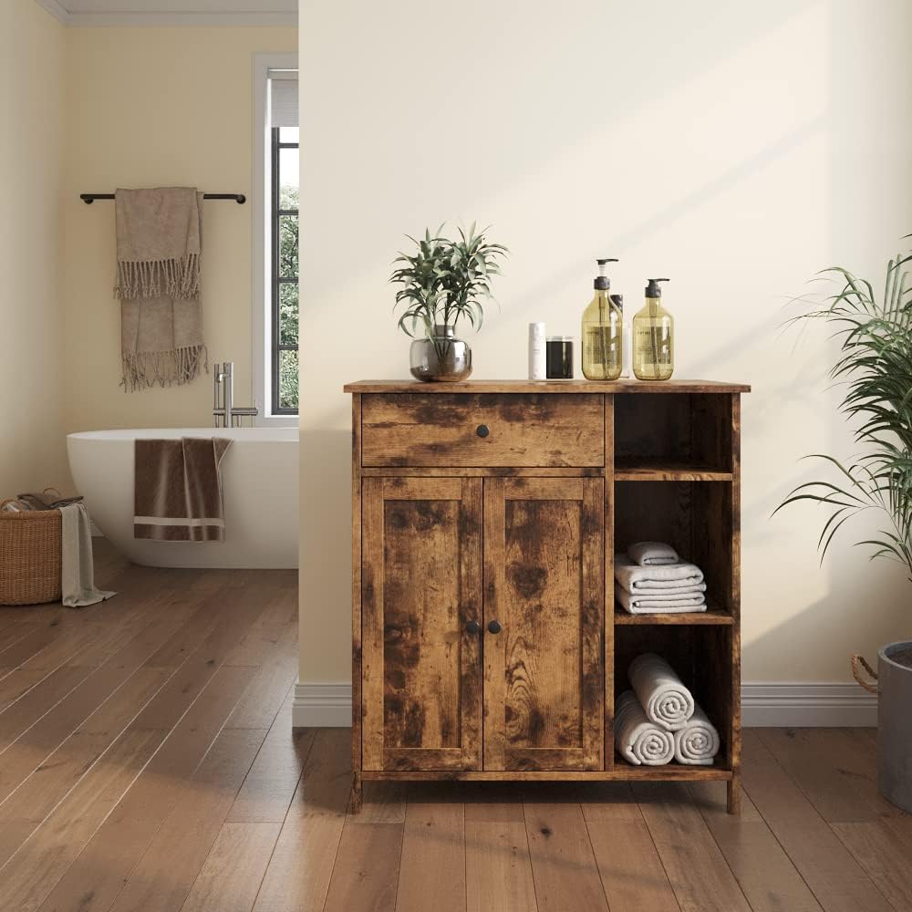 Rustic Brown Free-Standing Bathroom Cabinet with Drawer and Adjustable Shelf T82741