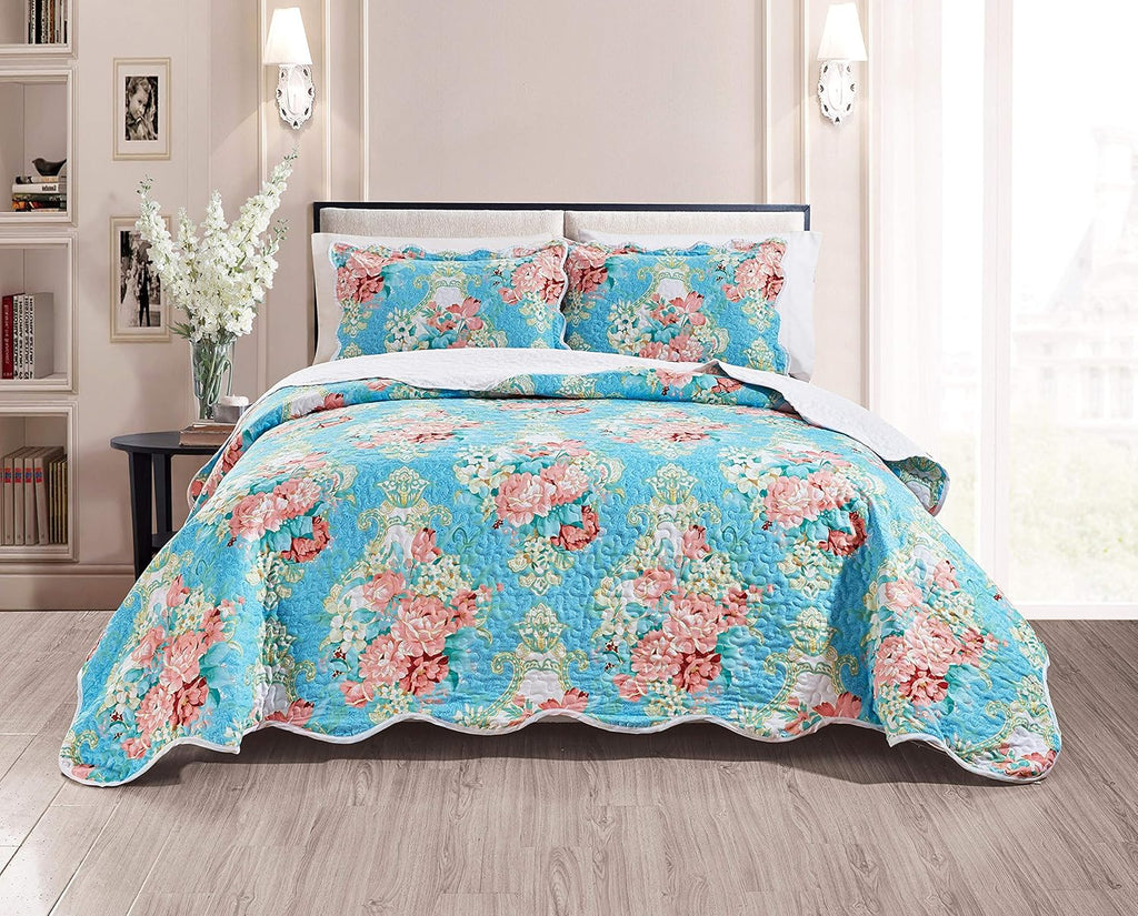 3-Piece Oversize Tropical Seashell Queen Bedspread Coverlet Set Aqua Blue Sand White Z675257