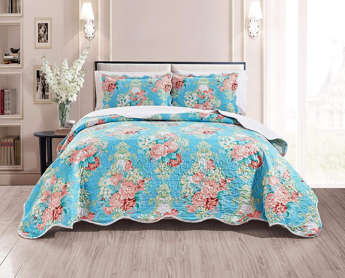 3-Piece Oversize Tropical Seashell Queen Bedspread Coverlet Set Aqua Blue Sand White Z675257