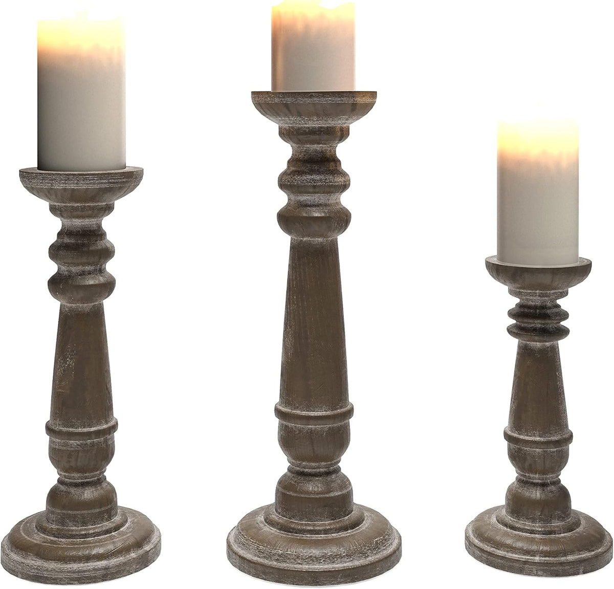 Rustic Wood Pillar Candle Holder Stands Set of 3 F7624