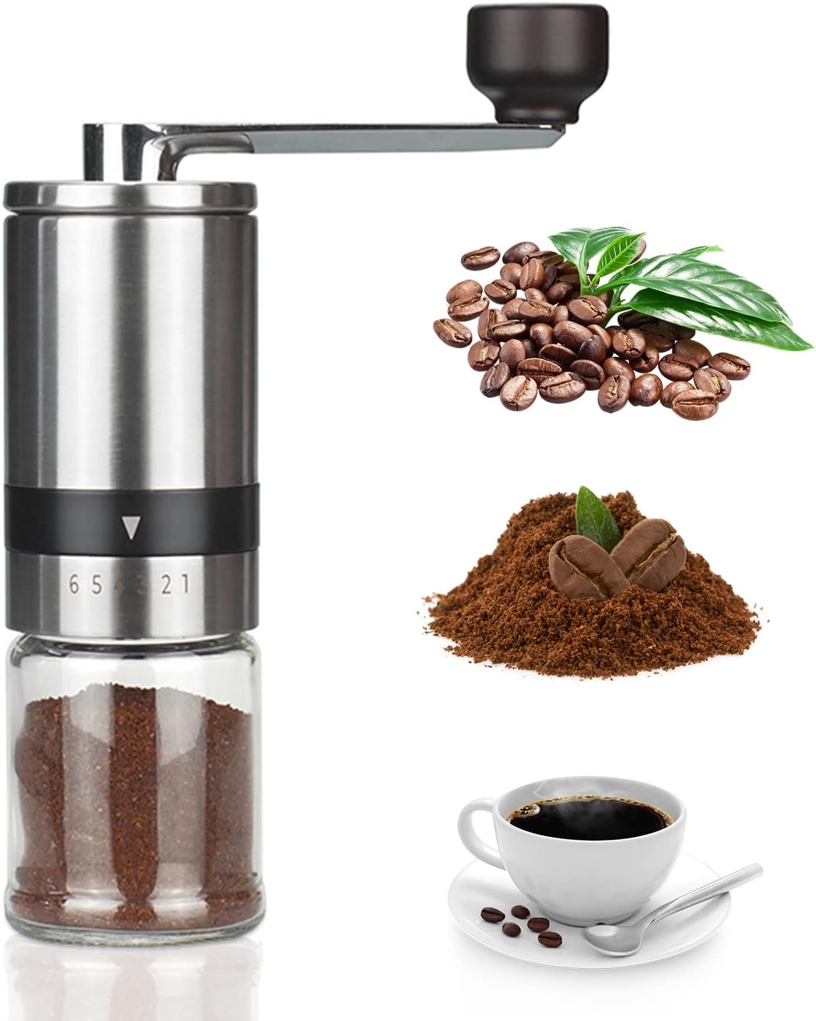 Manual Coffee Bean Grinder Stainless Steel Ceramic Burrs 15 Adjustable Setting Portable Hand Crank Mill L743571