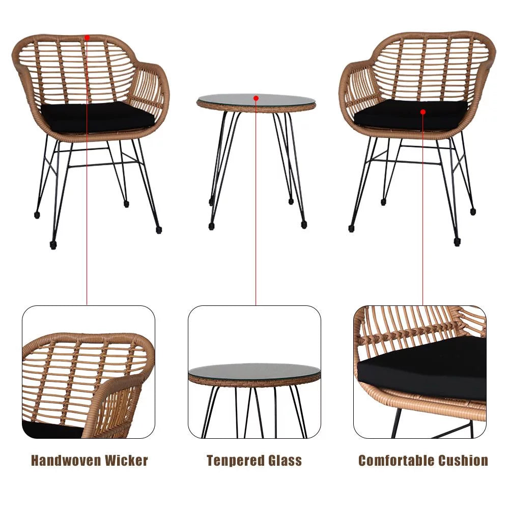 3 Pieces Wicker Rattan Patio Conversation Set with Tempered Glass Table L479