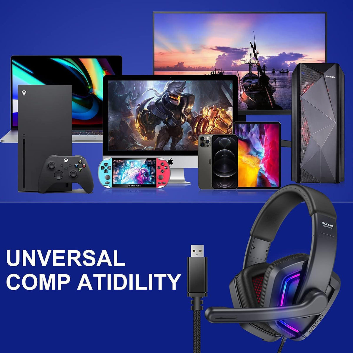 USB 7.1 Surround Sound Over Ear Wired Gaming Headset with Noise Cancelling Mic I811408