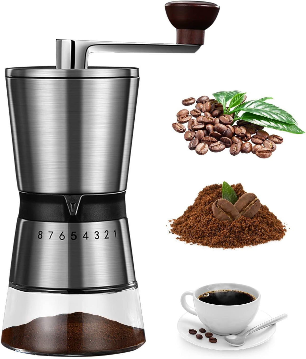 Manual Coffee Bean Grinder Stainless Steel Ceramic Burrs 15 Adjustable Setting Portable Hand Crank Mill L743571