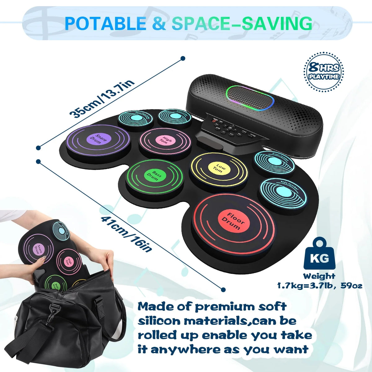 Electronic Drum Set 9 Pads Portable MIDI Roll-up Drum Kit I976968