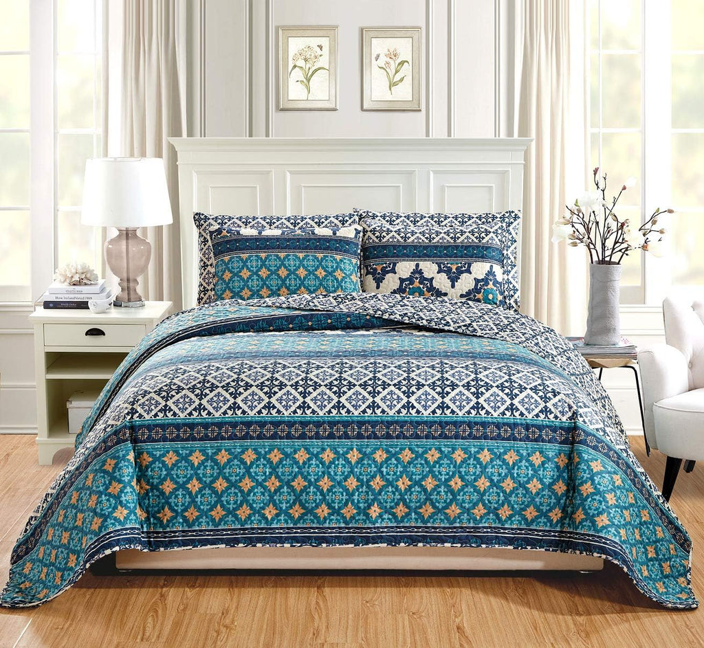3-Piece Oversize Tropical Seashell Queen Bedspread Coverlet Set Aqua Blue Sand White Z675257