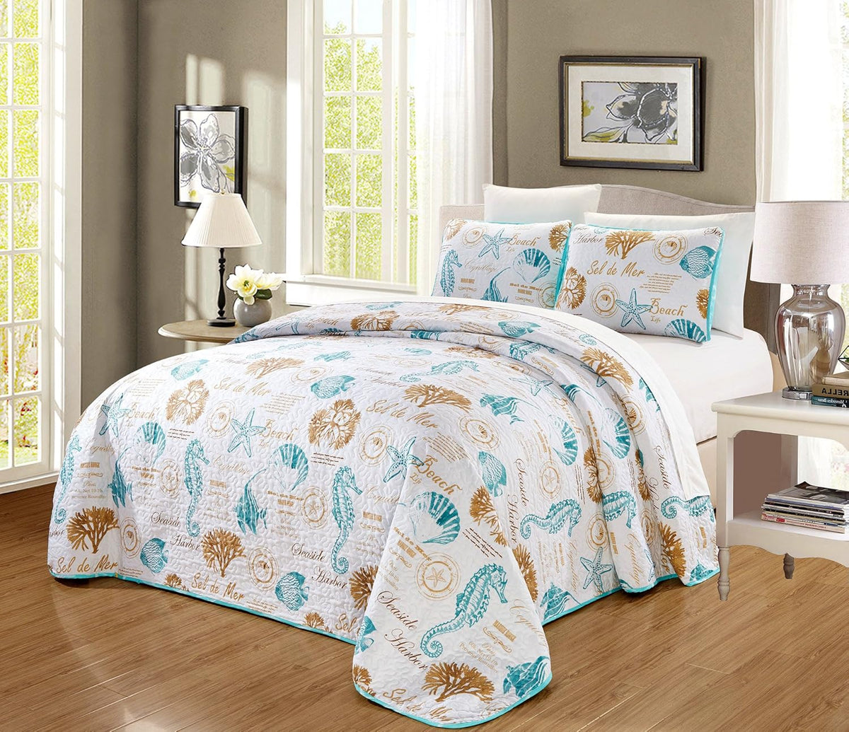 3-Piece Oversize Tropical Seashell Queen Bedspread Coverlet Set Aqua Blue Sand White Z675257