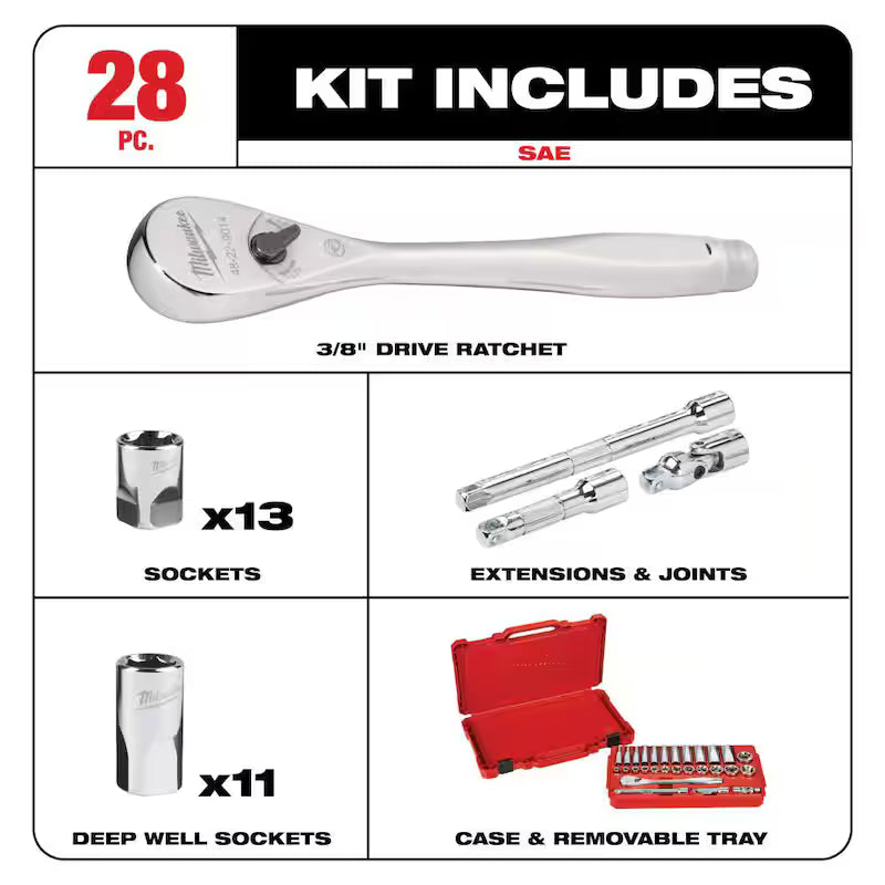 3/8 in. Drive SAE Ratchet and Socket Mechanics Tool Set (28-Piece) G98796