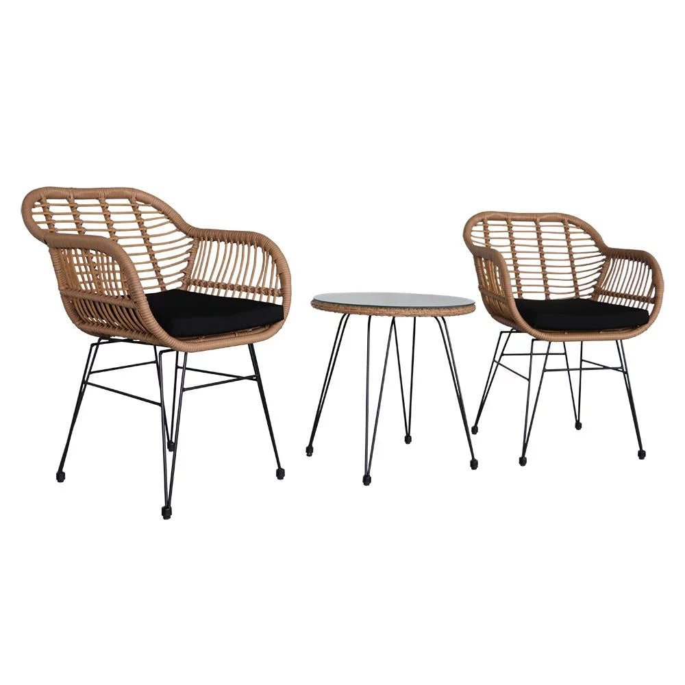 3 Pieces Wicker Rattan Patio Conversation Set with Tempered Glass Table L479