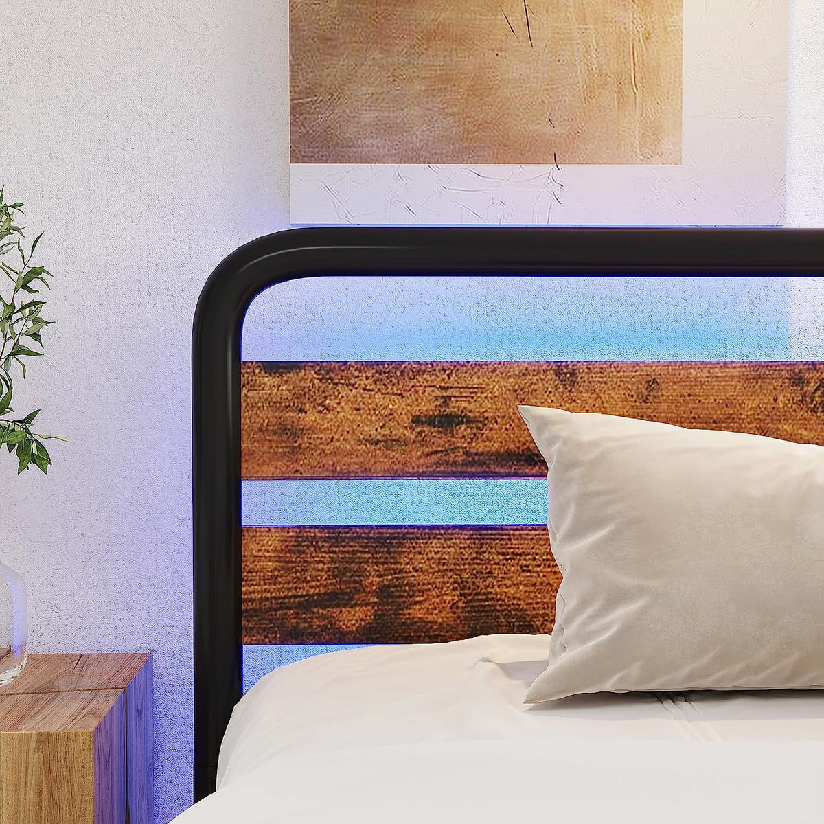 Queen Size Wood and Metal Bed Frame with LED Lights and Storage F85658
