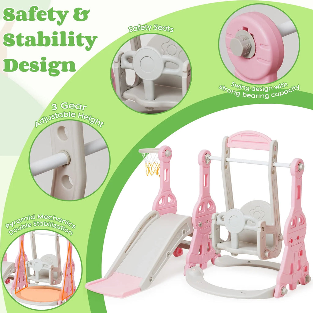 4 in 1 Toddler Slide and Swing Set with Basketball Hoop O35065