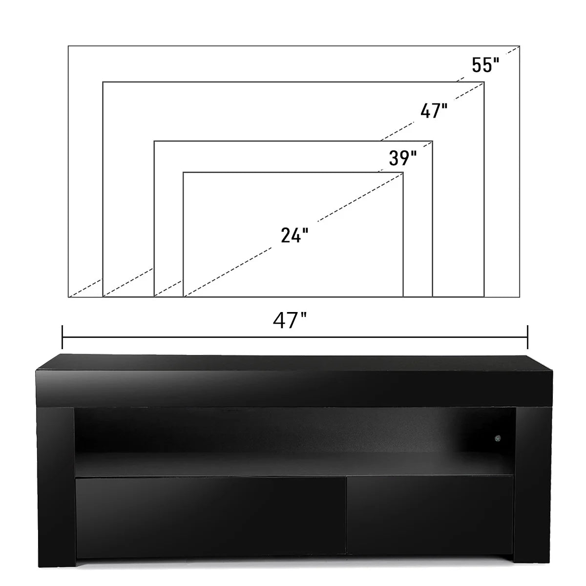 High Gloss TV Stand with LEDs for TVs up to 55 inch 2 Drawers Black E45747