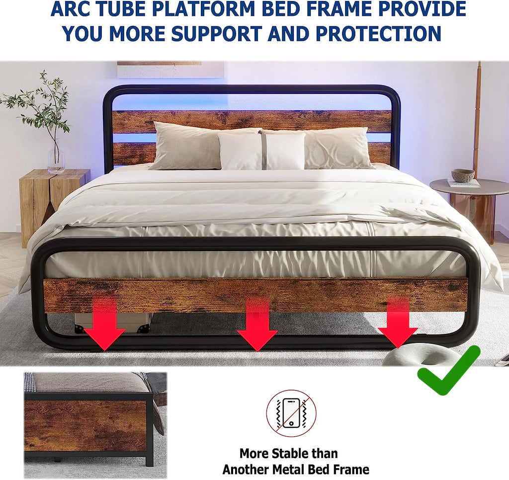 Queen Size Wood and Metal Bed Frame with LED Lights and Storage F85658