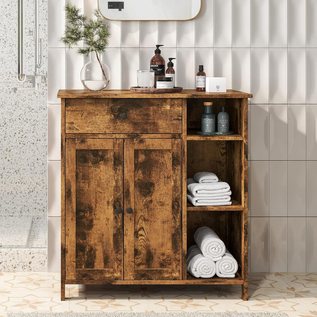 Rustic Brown Free-Standing Bathroom Cabinet with Drawer and Adjustable Shelf T82741