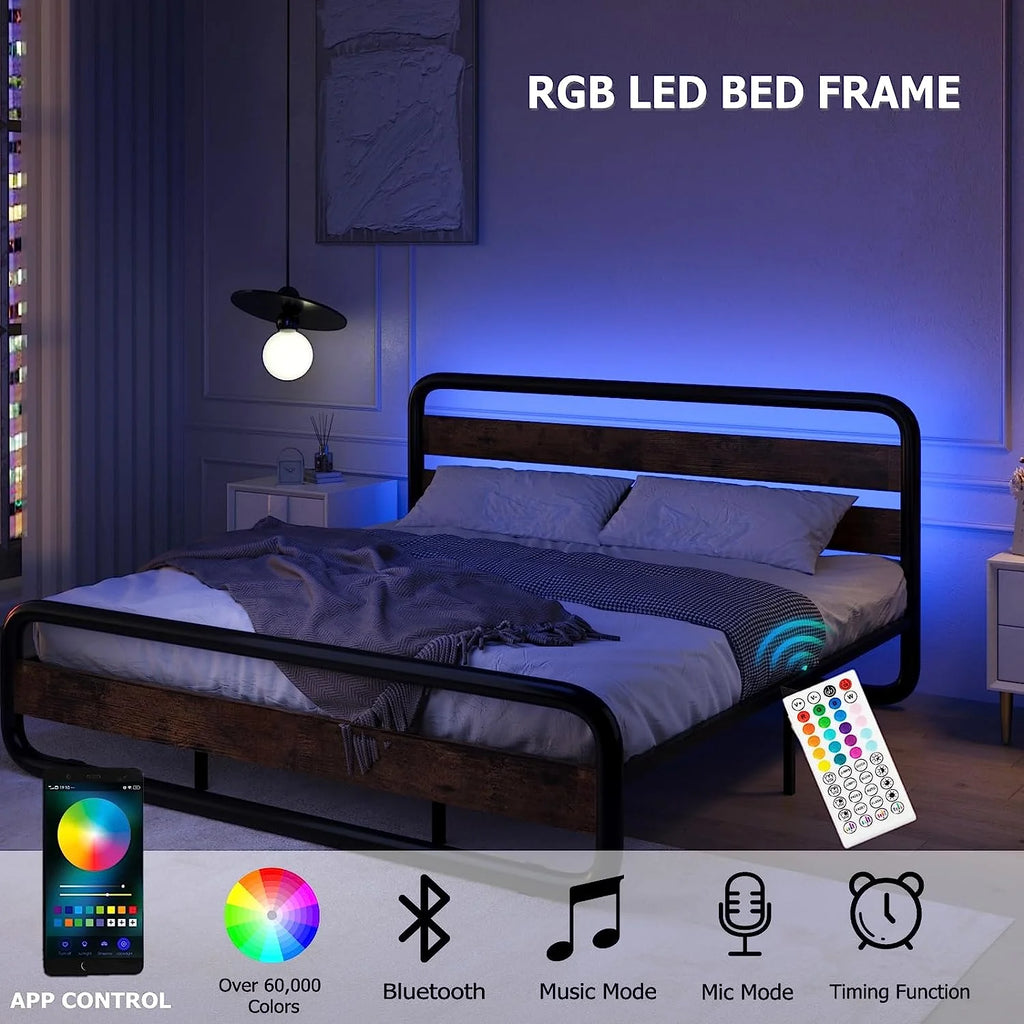Queen Size Wood and Metal Bed Frame with LED Lights and Storage F85658