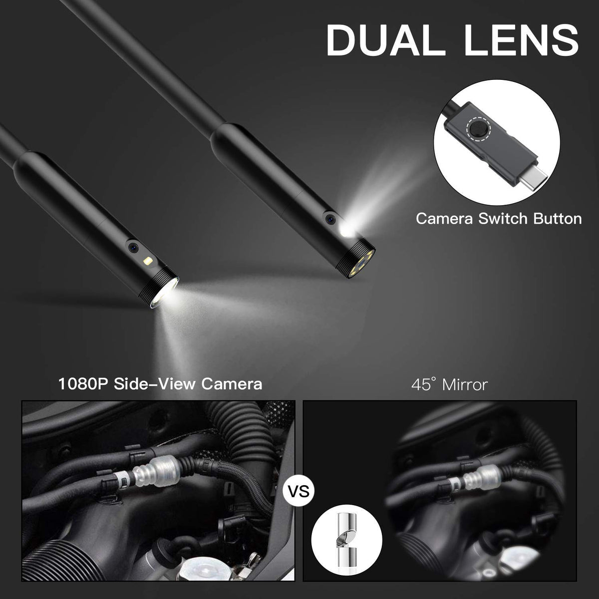 Dual Lens Borescope Inspection Camera with Light, HD 1080p Waterproof Endoscope, 16.4ft Flexible Cable I586