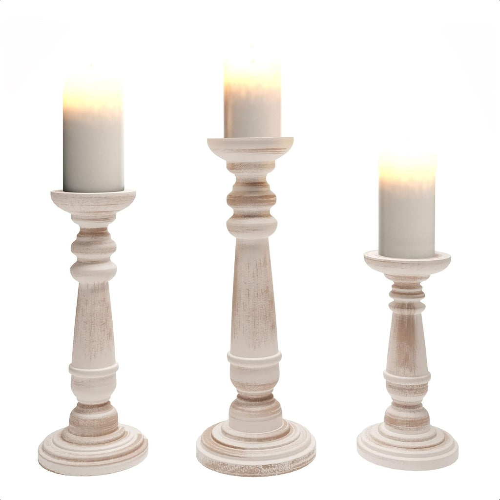 Rustic Wood Pillar Candle Holder Stands Set of 3 F7624