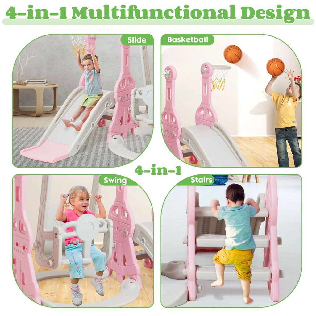 4 in 1 Toddler Slide and Swing Set with Basketball Hoop O35065