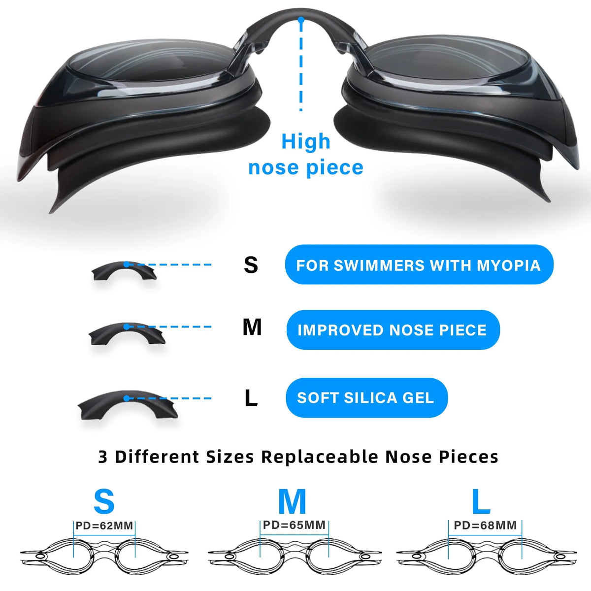 Adult Anti-Fog No Leak Swim Goggles with 3 Nose Pieces I777309
