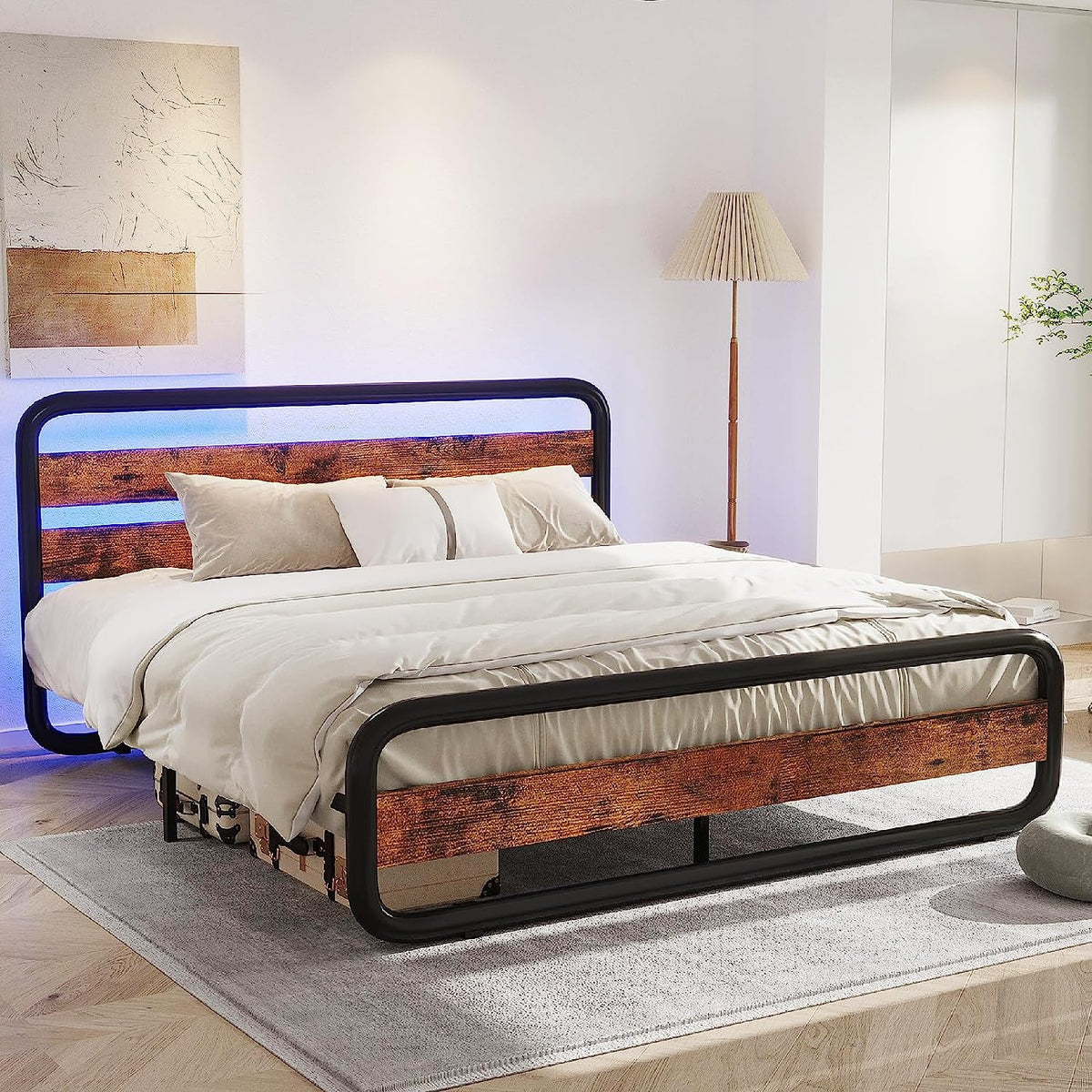 Queen Size Wood and Metal Bed Frame with LED Lights and Storage F85658
