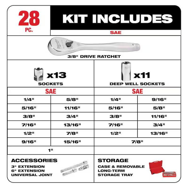3/8 in. Drive SAE Ratchet and Socket Mechanics Tool Set (28-Piece) G98796