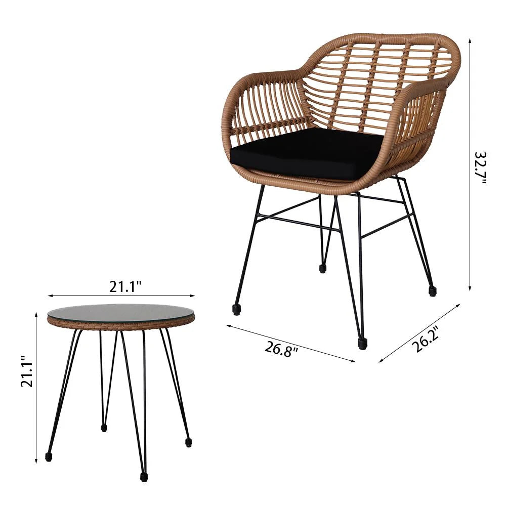 3 Pieces Wicker Rattan Patio Conversation Set with Tempered Glass Table L479