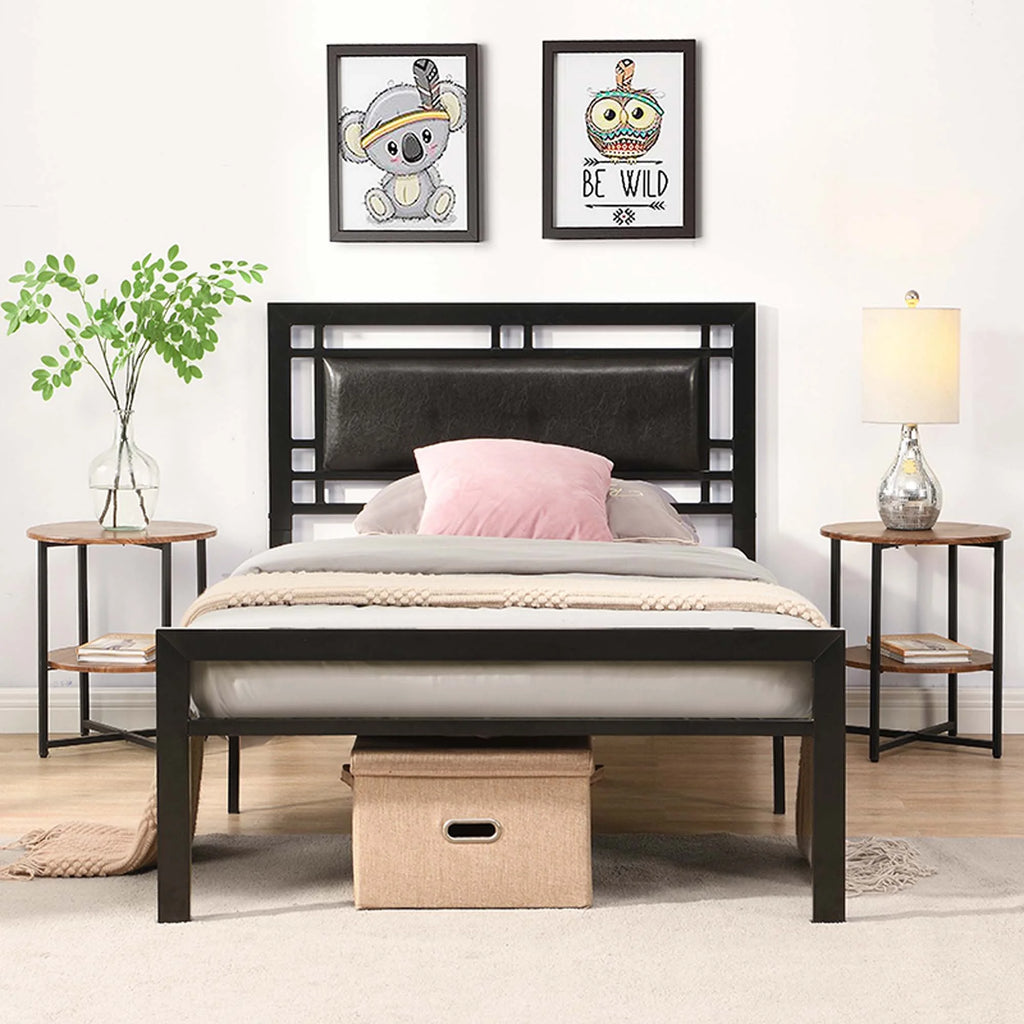 Black Metal Platform Twin Bed Frame with Headboard K2975