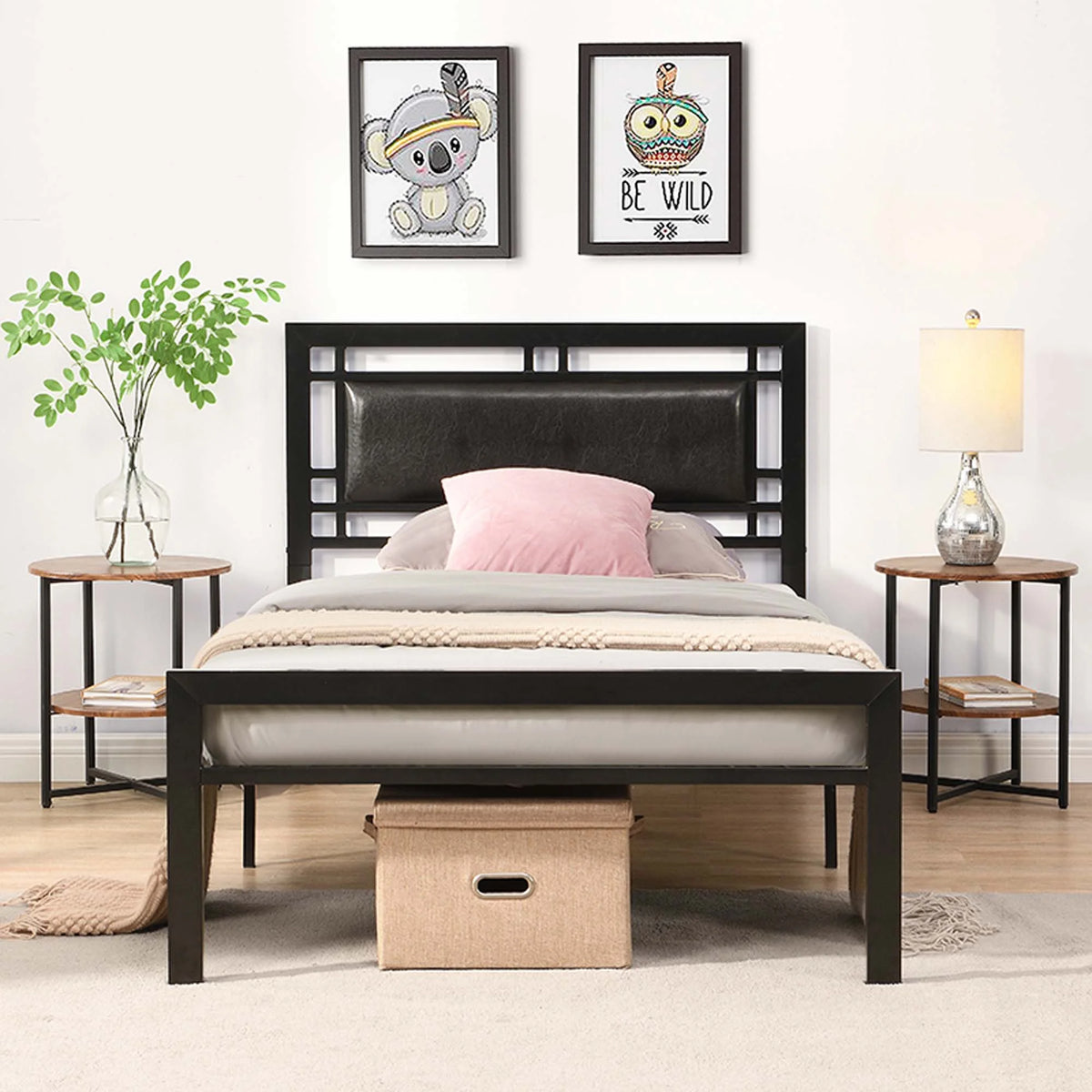 Black Metal Platform Twin Bed Frame with Headboard K2975