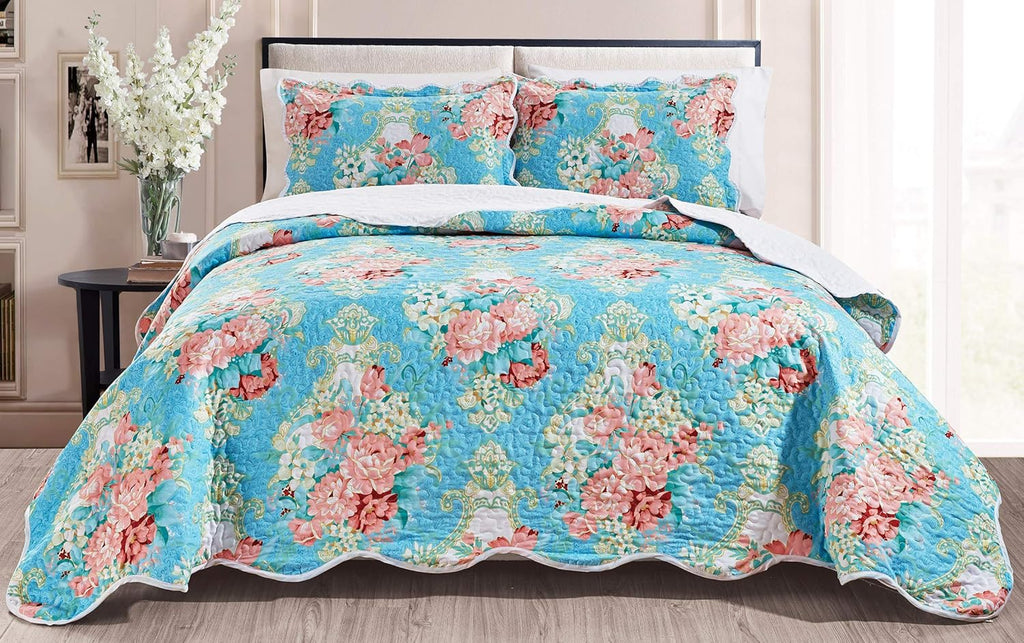 3-Piece Oversize Tropical Seashell Queen Bedspread Coverlet Set Aqua Blue Sand White Z675257