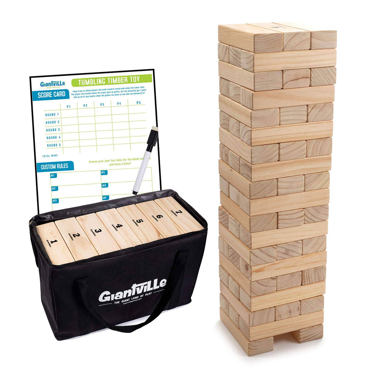 56 Pieces Pine Wood Tumbling Timber Blocks Floor Game with Carry Bag G241