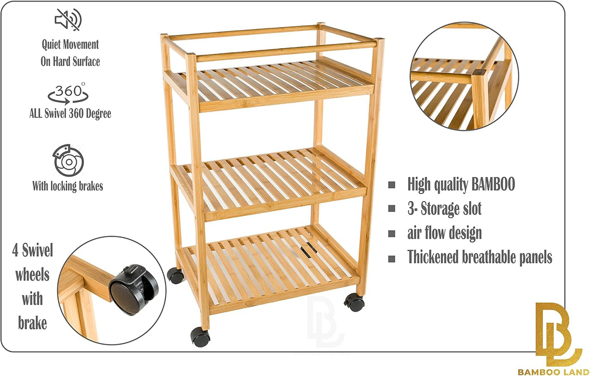 3-Tier Rolling Bamboo Utility Cart with Wheels T345827