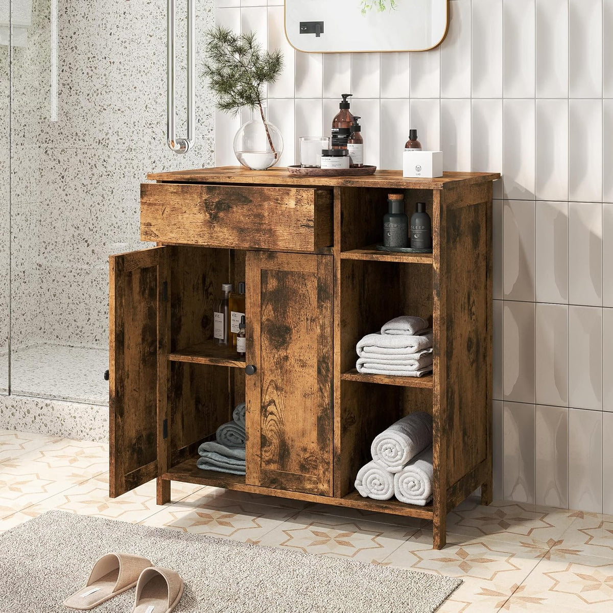 Rustic Brown Free-Standing Bathroom Cabinet with Drawer and Adjustable Shelf T82741