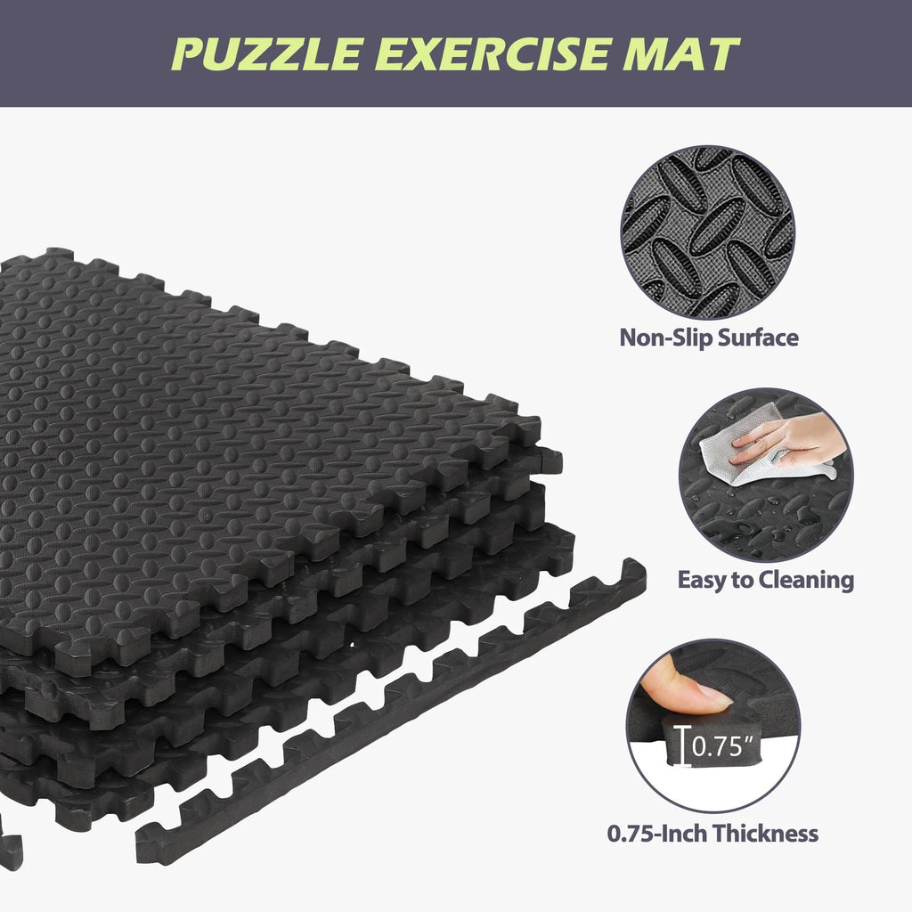 24 Pc Interlocking EVA Foam Tiles, 3/4'' Black Exercise Mat C676564