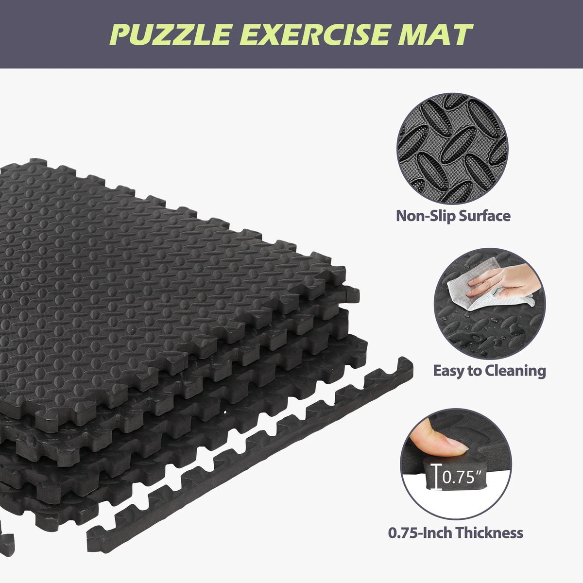 24 Pc Interlocking EVA Foam Tiles, 3/4'' Black Exercise Mat C676564
