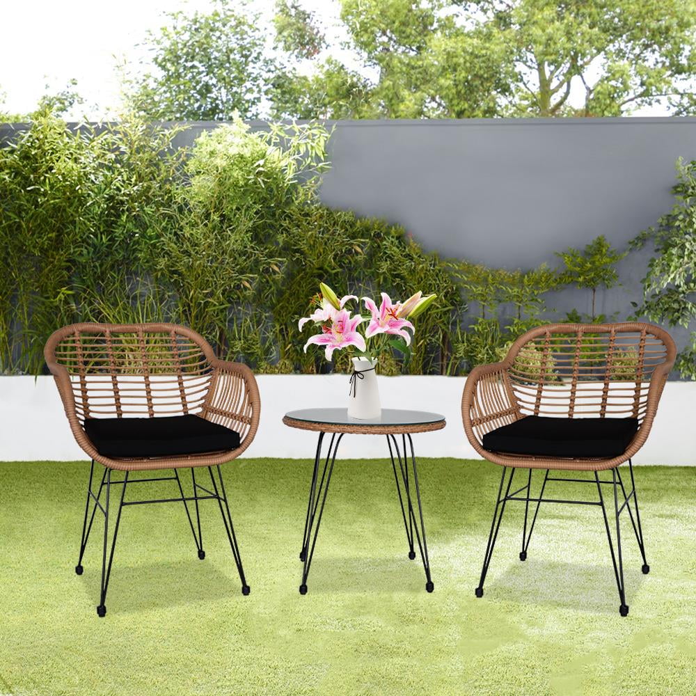 3 Pieces Wicker Rattan Patio Conversation Set with Tempered Glass Table L479
