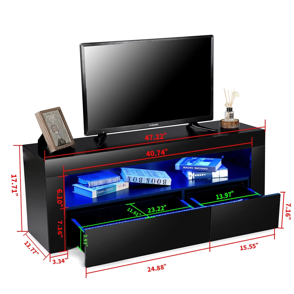 High Gloss TV Stand with LEDs for TVs up to 55 inch 2 Drawers Black E45747