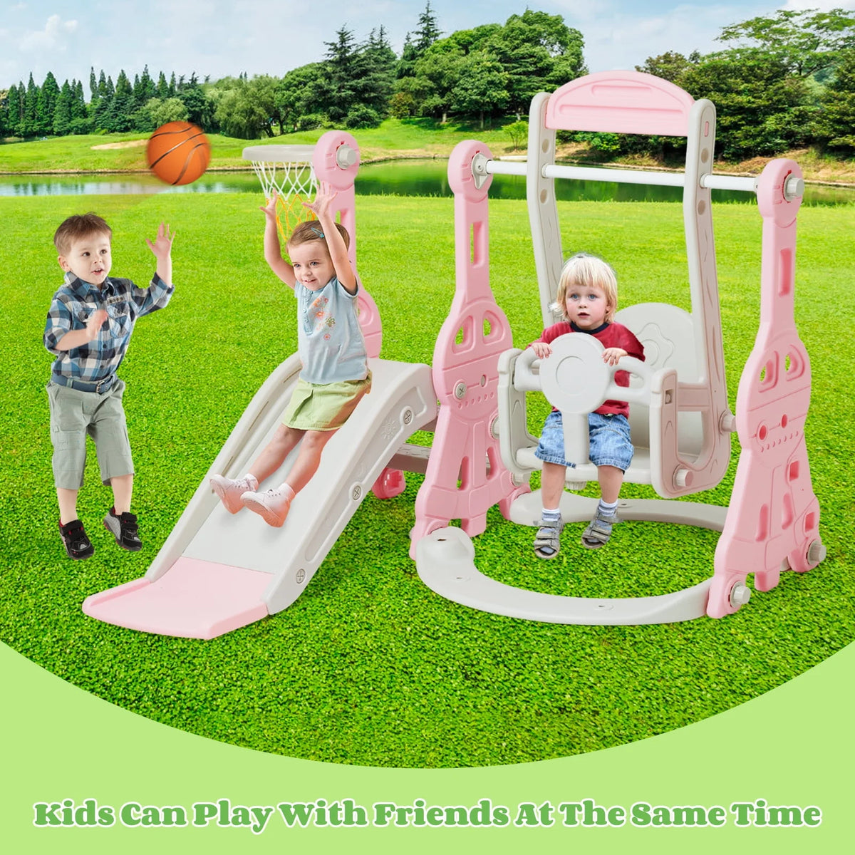 4 in 1 Toddler Slide and Swing Set with Basketball Hoop O35065