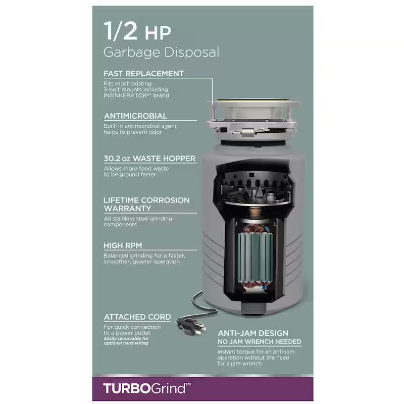 1/2 hp. Continuous Feed Garbage Disposal with Power Cord O101753
