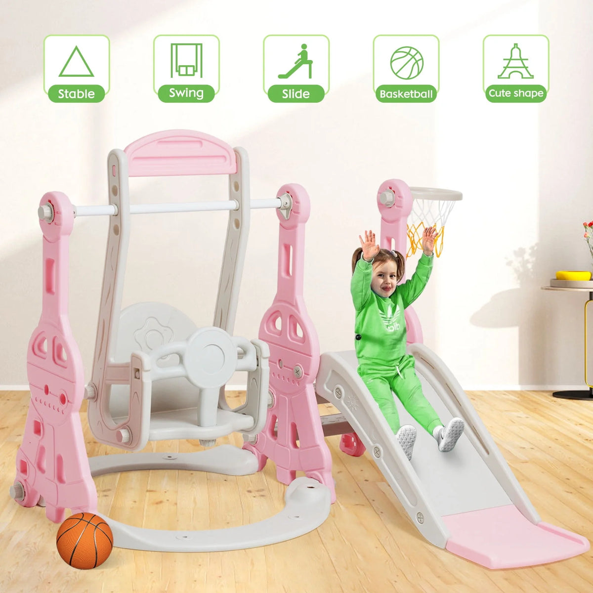 4 in 1 Toddler Slide and Swing Set with Basketball Hoop O35065