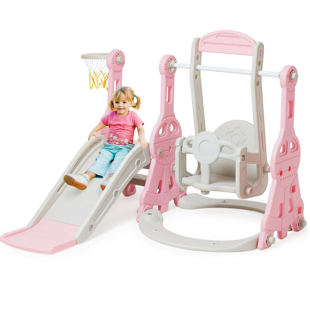 4 in 1 Toddler Slide and Swing Set with Basketball Hoop O35065
