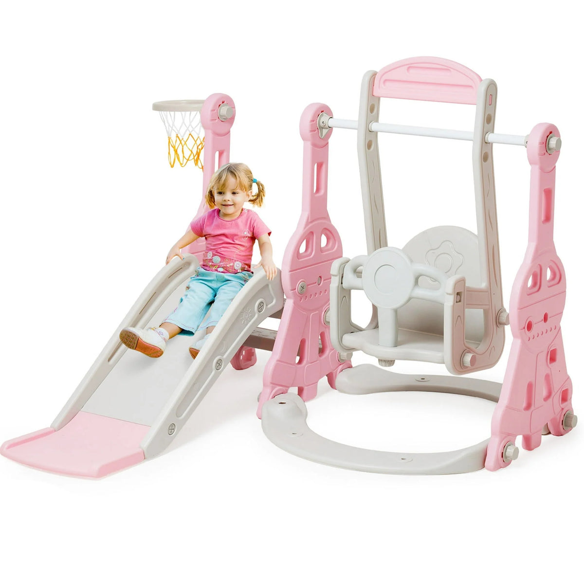 4 in 1 Toddler Slide and Swing Set with Basketball Hoop O35065