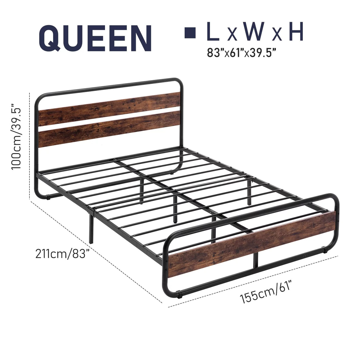 Queen Size Wood and Metal Bed Frame with LED Lights and Storage F85658