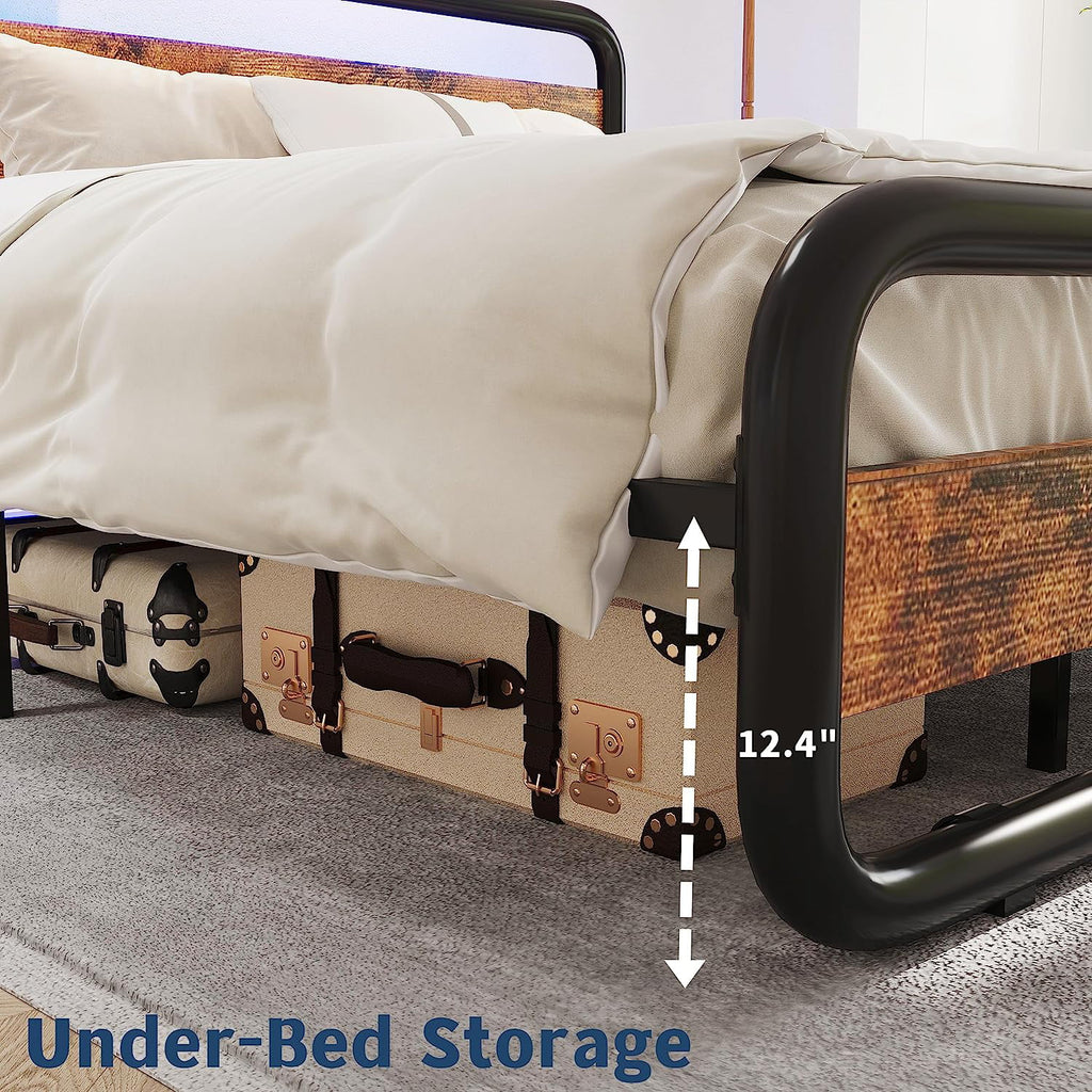 Queen Size Wood and Metal Bed Frame with LED Lights and Storage F85658