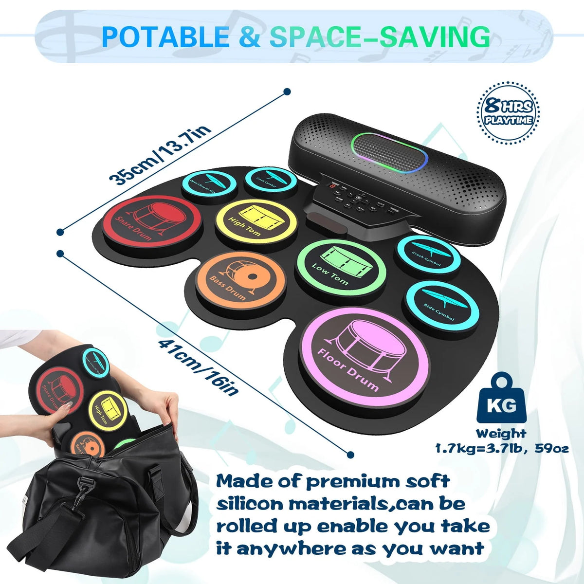 Electronic Drum Set 9 Pads Portable MIDI Roll-up Drum Kit I976968