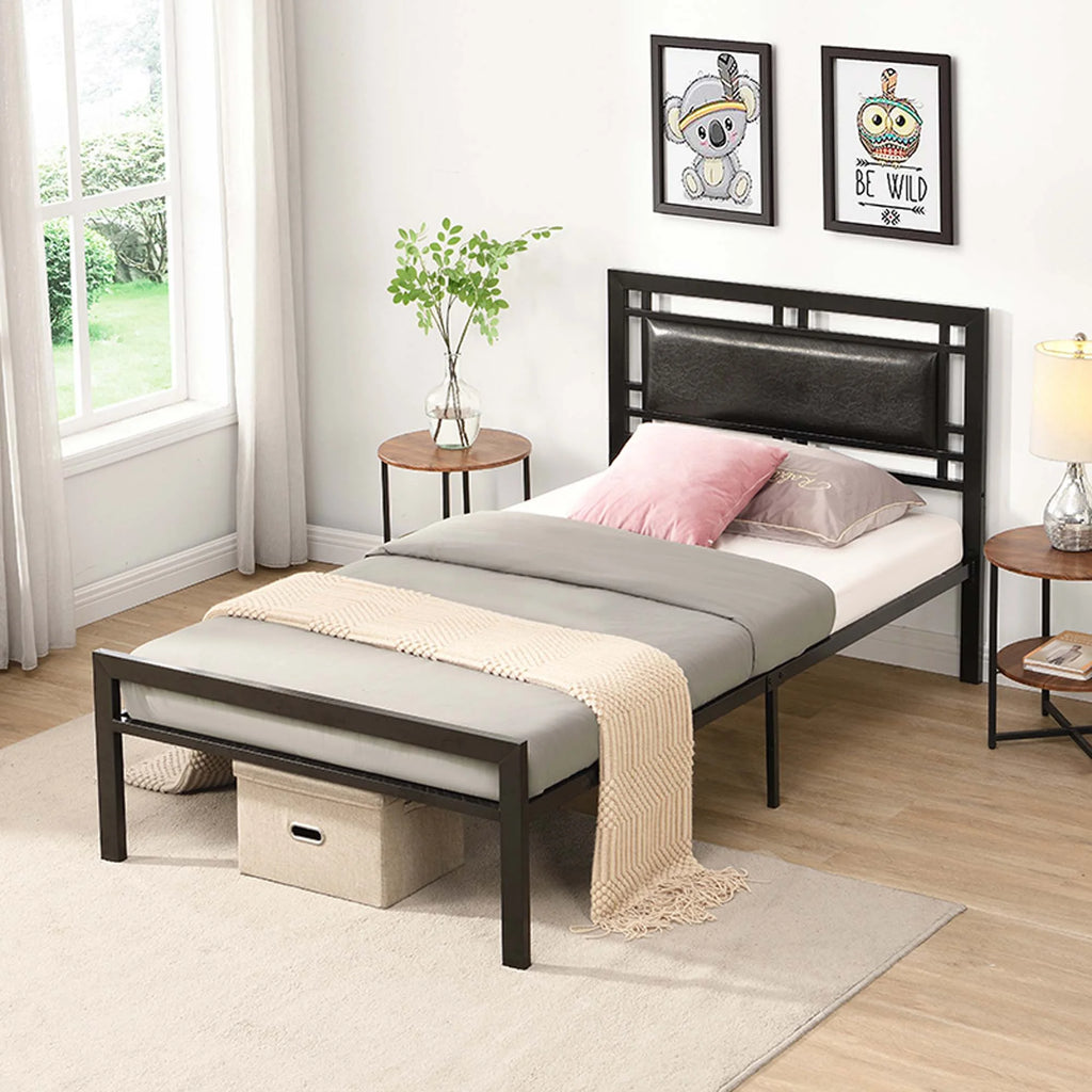 Black Metal Platform Twin Bed Frame with Headboard K2975